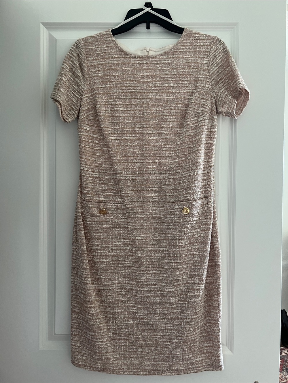 Classic Cream Tweed Textured Short-Sleeve Sheath Dress